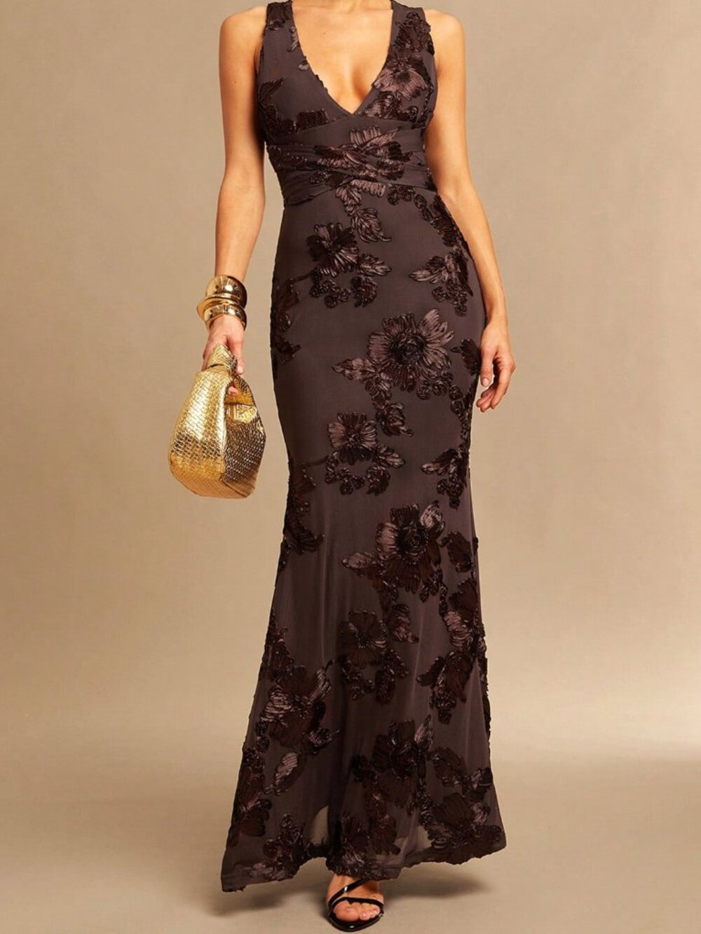 Coffee Brown Elegant Women's Dress with Shawl Collar and Asymmetrical High Slit - Picture 4 of 7